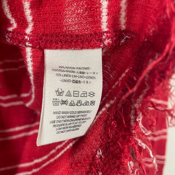 Free People Medium Scoop Neck Tee Red Stripe Linen Blend Frayed Hem Long Sleeves - Picture 10 of 12